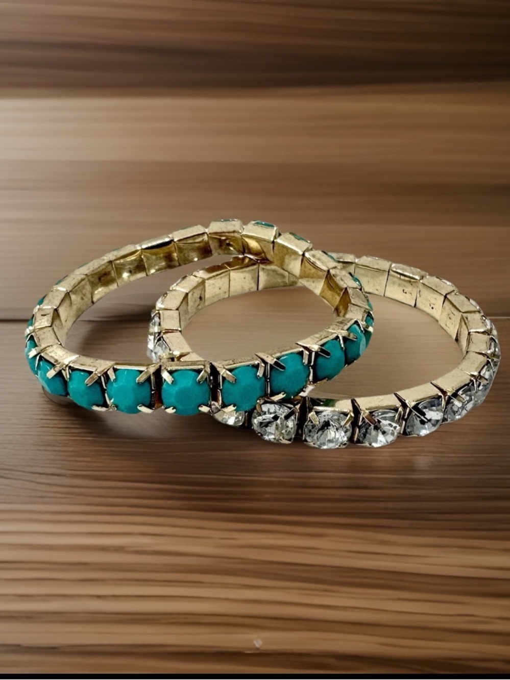 Set 2 Vintage Stretch Tennis Bracelet Y2K 90s Gold Blue Turquoise Clear Faceted